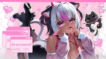 1girl :3 :d animal_ear_request bare_shoulders black_boots black_hair black_skirt black_tail black_thighhighs boots breasts cat choker cleavage collar commentary_request cursor dark-skinned_female dark_skin desktop_(computing) detached_sleeves english_text fangs feet_up frilled_skirt frills garimayo glitch gradient_tail heart highres indie_virtual_youtuber kawaiipaden large_breasts long_hair long_sleeves looking_at_viewer lying multicolored_hair on_stomach open_mouth pink_collar pink_eyes pink_hair pixel_art_inset pixel_heart short_twintails skirt smile solo spiked_collar spikes tail thighhighs twintails user_interface v white_hair white_tail window_(computing)