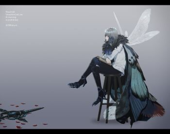 1boy 296fukuro artist_name blue_eyes book book_on_lap clawed_feet fate/grand_order fate_(series) full_body fur_scarf grey_hair halberd hand_on_own_face highres insect_wings light_smile long_sleeves looking_at_object medium_hair oberon_(fate) oberon_(third_ascension)_(fate) petals polearm rose_petals shirt sitting stool weapon white_shirt wide_shot wings