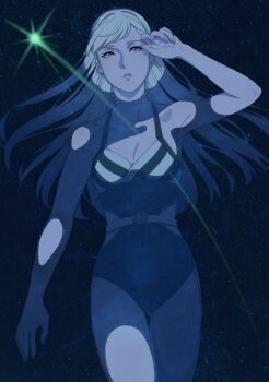 1girl afloat bare_shoulders blonde_hair clothing_cutout collarbone cowboy_shot enelous floating floating_hair gigi_andalusia green_eyes gundam gundam_hathaway's_flash hand_up highres looking_up nail_polish night one-piece_swimsuit open_mouth partially_submerged reflection reflective_liquid shooting_star side_cutout sky solo star_(sky) starry_sky striped_clothes swept_bangs swimsuit thighs