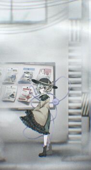 Rule 34 | 1girl, black shoes, bow, bulletin board, cirno, commentary request, fog, from side, full body, green eyes, green hair, green skirt, hat, hat bow, highres, komeiji koishi, long sleeves, looking at viewer, mugi no chaya, outdoors, shirt, shoes, skirt, sleeves past fingers, sleeves past wrists, solo, third eye, touhou, translation request, yellow bow, yellow shirt