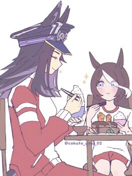 2girls animal_ears black_hair blue_eyes blush bowl brown_hair carrot_hamburger_steak chopsticks closed_eyes closed_mouth commentary_request ears_through_headwear eating fenomeno_(umamusume) flipped_hair food gym_shirt hat highres holding holding_chopsticks holding_food horse_ears horse_girl horse_tail jacket long_hair long_sleeves multicolored_hair multiple_girls pants peaked_cap purple_hair red_jacket red_pants red_shorts red_track_suit rice rice_bowl shirt short_sleeves shorts sitting smile streaked_hair tail tracen_training_uniform track_jacket track_pants track_suit umamusume w3n6e white_shirt white_streaks