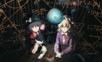 2girls absurdres black_capelet black_eyes black_hair blonde_hair cake cake_slice capelet closed_mouth commentary dress eillusovo food hair_between_eyes hand_up hands_on_table hat highres long_sleeves looking_at_viewer maribel_hearn medium_hair mob_cap multiple_girls open_mouth own_hands_together purple_dress purple_eyes shirt sitting smile table touhou usami_renko white_shirt