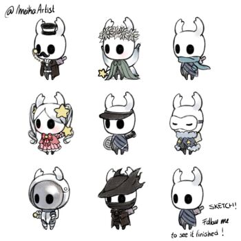 1other astronaut black_eyes black_hat black_skin bloodborne cloak colored_skin cosplay english_text eye_mask fairy_wings full_body grey_cloak grey_hair hair_ornament hat head_wreath helmet holding holding_weapon hollow_eyes hollow_knight horned_mask horns hunter_(bloodborne) hunter_(bloodborne)_(cosplay) jacket knight_(hollow_knight) mask meikaartist nail_(hollow_knight) open_clothes open_jacket pink_shirt racket scarf shirt simple_background skirt space_helmet standing star_(symbol) star_hair_ornament tennis_racket top_hat twintails weapon white_background white_mask wings