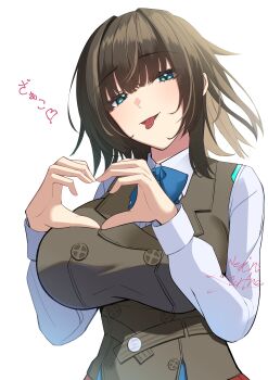 1girl :p absurdres aoi_erika black_hair blue_bow blue_bowtie blue_eyes bow bowtie breasts brown_hair brown_vest buttons collared_shirt double-breasted heart heart_hands heaven_burns_red highres large_breasts long_sleeves looking_at_viewer medium_hair negino_yurine plaid_clothes plaid_skirt red_skirt school_uniform shirt simple_background skirt solo tongue tongue_out upper_body vest white_background white_shirt