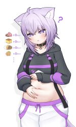 Rule 34 | 1girl, ahoge, animal ears, belly, black hoodie, blush, cat ears, cat girl, cat tail, choker, clothes lift, curry, doughnut, drawstring, food, hand on own stomach, highres, hololive, hood, hoodie, hoodie lift, looking down, medium hair, mochigomemcmc, navel, nekomata okayu, nekomata okayu (1st costume), pants, parted lips, purple eyes, purple hair, simple background, solo, stomach, sweatpants, tail, virtual youtuber, weight conscious, white background