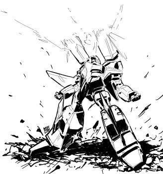 absurdres clenched_hands decepticon firing greyscale ground_shatter highres looking_up mechanical_wings monochrome nasutetsu no_humans scene_reference shoulder_cannon sketch spoilers starscream transformers transformers_armada transformers_unicron_trilogy white_background wings