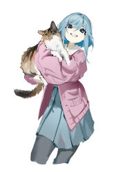 Rule 34 | 1girl, absurdres, animal, blue dress, blue eyes, blue hair, calico, cat, coat, collared dress, commentary, cropped legs, dress, eyelashes, grey pantyhose, grin, hair between eyes, highres, holding, holding animal, holding cat, jacket, lipstick, long sleeves, looking at viewer, makeup, mitsuki3s kir, open clothes, open jacket, original, pantyhose, pink jacket, pink lips, pink sleeves, pleated skirt, pocket, puffy long sleeves, puffy sleeves, short dress, short hair with long locks, simple background, skirt, sleeves past wrists, smile, solo, sweater jacket, white background, white coat