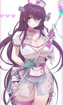 1girl asymmetrical_gloves bandage_over_one_eye bandaged_head bandages bebe-tan bolt_hair_ornament breasts cleavage commentary cosplay curvy frankenstein's_monster frankenstein's_monster_(cosplay) gloves halloween halloween_costume hat highres huge_breasts intravenous_drip iv_stand large_breasts long_hair looking_at_viewer minnku mismatched_gloves murasaki_(senran_kagura) nurse nurse_cap object_through_head official_alternate_costume official_alternate_hairstyle patchwork_clothes purple_eyes purple_hair screw_in_head senran_kagura short_sleeves simple_background single_thighhigh solo stitched_arm stitches thick_thighs thighhighs thighs torn_clothes torn_thighhighs very_long_hair wide_hips zombie_costume