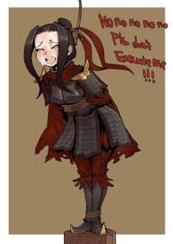 1girl absurdres armor begging bound bound_arms bound_wrists brown_background brown_hair chinese_armor chinese_clothes commentary crying ebonyxh english_commentary english_text execution eyeshadow hanging highres imminent_death log long_hair lv_bu makeup noose original red_eyeshadow streaming_tears sweat tears
