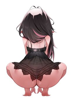1girl absurdres ass barefoot black_chemise black_hair chemise commentary_request first_stage_production highres long_hair median_furrow multicolored_hair nema_filluna pink_hair pointy_ears see-through_clothes solo streaked_hair sui_hi_sf sweat virtual_youtuber