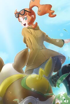 1girl aqua_boots aqua_eyes black-framed_eyewear boots brown_coat coat dated denim dog eyewear_on_head gen_8_pokemon hair_ornament heart heart_hair_ornament highres jeans leg_up mato. multicolored_fur nintendo open_mouth orange-tinted_eyewear orange_hair pants pokemon pokemon_(creature) pokemon_swsh side_ponytail side_ponytail_with_hair_base smile solo_focus sonia_(pokemon) sunglasses swept_bangs tinted_eyewear wavy_hair yamper