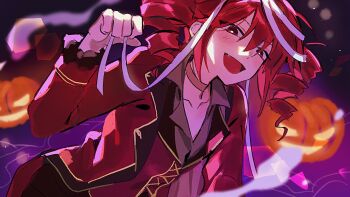 1girl alternate_costume bandaged_head bandages brown_choker choker collarbone fang flat_chest hair_between_eyes highres jacket kasane_teto open_mouth pants pumpkin purple_background red_eyes red_jacket red_pants samsap simple_background solo upper_body utau