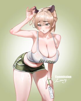 1girl absurdres animal_ears armpits bare_shoulders blush breasts brown_hair cleavage clothes_writing collarbone commentary commission controller cowboy_shot crop_top crossed_bangs dolphin_shorts extra_ears fingernails furrowed_brow game_controller gradient_background green_eyes green_shorts half_updo hand_on_own_thigh hand_up high_ponytail highres indie_virtual_youtuber itszenvy large_breasts leaning_forward lips looking_at_viewer looking_to_the_side medium_hair midriff navel nimi_nightmare parted_lips ponytail short_shorts shorts signature solo sweat tank_top tapir_ears tapir_girl virtual_youtuber white_tank_top wii_remote