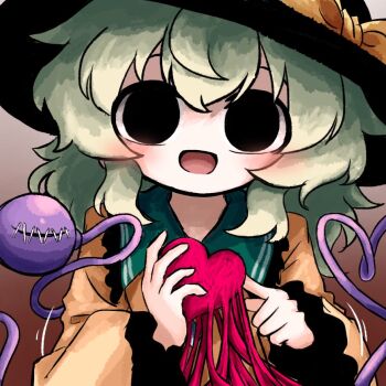 Rule 34 | 1girl, black eyes, black hat, bow, buttons, commentary, diamond button, english commentary, eyeball, frilled shirt collar, frilled sleeves, frills, green hair, hat, hat bow, heart, heart of string, heripantomorrow, holding, holding heart, komeiji koishi, shirt, smile, stitched eye, third eye, touhou, wide sleeves, yellow bow, yellow shirt