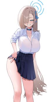1girl absurdres asuna_(blue_archive) asuna_(school_uniform)_(blue_archive) asymmetrical_bangs black_choker blonde_hair blue_archive blue_eyes blue_halo blue_nails blue_ribbon breasts button_gap choker cleaning_&amp;_clearing_(blue_archive) cleavage collarbone hair_ornament hair_over_one_eye hair_ribbon halo highres large_breasts long_hair looking_at_viewer mole mole_on_breast pleated_skirt ribbon riverwang school_uniform shirt skirt smile solo thighs very_long_hair white_shirt