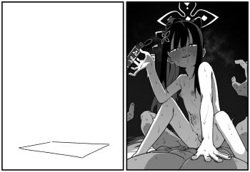 1boy 1girl animal_ears asahina_yoshitoshi blue_archive blush completely_nude cowgirl_position girl_on_top greyscale hair_ornament half-closed_eyes halo hetero highres licking_lips long_hair looking_at_viewer monochrome nipples nude sex shun_(blue_archive) shun_(small)_(blue_archive) smile stomach_bulge straddling sweat tongue tongue_out