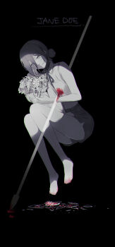 Rule 34 | 1girl, absurdres, barefoot, blood, blood on clothes, blood on feet, bouquet, chainsaw man, closed mouth, commentary request, flower, glass shards, hair between eyes, hair bun, highres, holding, holding bouquet, impaled, knees up, looking at viewer, polearm, reze (chainsaw man), shirt, shorts, sleeveless, sleeveless shirt, smile, solo, spear, spot color, umezu 8989, weapon