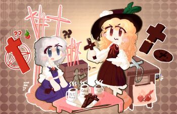 2girls :o ? ?? bag blonde_hair blue_dress blush_stickers bow brown_background brown_dress brown_eyes brown_hat cabinet chibi chinese_commentary chocolate closed_mouth coffee coffee_mug collar commentary_request cosplay cross cross_necklace cup curly_hair cushion dated doll dolls_in_pseudo_paradise dress emphasis_lines english_text fluffy_hair food frilled_collar frilled_dress frills fruit furrowed_brow gestalta gradient_background grey_eyes grey_hair hat hat_feather heat_lines holding holding_cross holding_plate hourai_doll hzui jacket_girl_(dipp) jewelry komeiji_koishi komeiji_koishi_(cosplay) leg_up long_dress long_hair long_sleeves medium_hair mug multiple_girls muse_(seihou) necklace open_mouth outline pentagram plate polka_dot polka_dot_background puffy_short_sleeves puffy_sleeves red_bow seihou seiza short_sleeves signature sitting squiggle strawberry table tanghulu thumbs_up touhou tray white_outline white_sleeves wide_brim