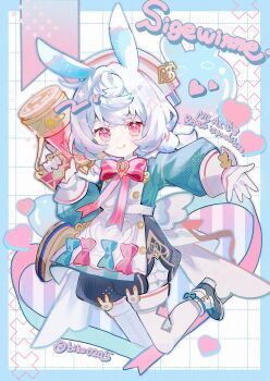 1girl :p animal_ears aqua_shirt biko0205 blue_hair border bow bubble character_name crossed_bangs full_body genshin_impact gloves hat heart highres long_sleeves nurse_cap pink_bow pink_eyes pom_pom_(clothes) rabbit_ears shirt sigewinne_(genshin_impact) tongue tongue_out twintails watermark white_gloves