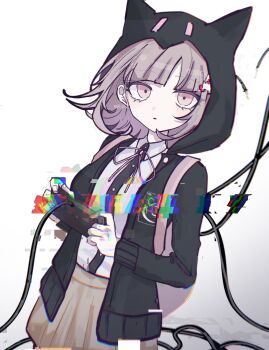 1girl :o ama_some_(kr0ri) black_jacket black_shirt blunt_bangs brown_hair brown_skirt controller danganronpa_(series) danganronpa_2:_goodbye_despair dress_shirt game_controller highres holding holding_controller hood hood_up hooded_jacket jacket looking_at_viewer medium_hair miniskirt nanami_chiaki neck_ribbon pink_eyes pink_ribbon pleated_skirt ribbon shirt skirt solo white_background white_shirt