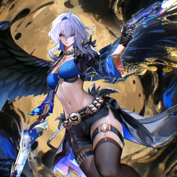 Rule 34 | 1girl, absurdres, ammunition belt, belt, black jacket, blue bra, blue hands, bra, breasts, closed mouth, commentary, criss-cross straps, cropped jacket, english commentary, galbrena (wuthering waves), gun, hair intakes, highres, holding, holding gun, holding weapon, jacket, large breasts, looking at viewer, navel, nervi fd, pantyhose, purple eyes, short shorts, shorts, simple background, single leg pantyhose, solo, thigh strap, toned, underwear, very long fingernails, weapon, white hair, wide sleeves, wuthering waves