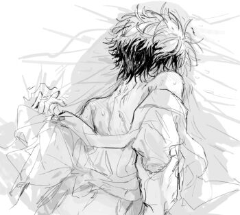 2boys anal back bathrobe bed_sheet blush body_blush commentary_request grabbing_another's_arm greyscale implied_sex lying male_focus messy_hair monochrome multicolored_hair multiple_boys off_shoulder on_bed on_stomach open_clothes open_robe out_of_frame pov pov_hands robe sex sex_from_behind shadow shiguang_dailiren short_hair sketch solo_focus sweat trembling two-tone_hair tyoookozuki xia_fei yaoi