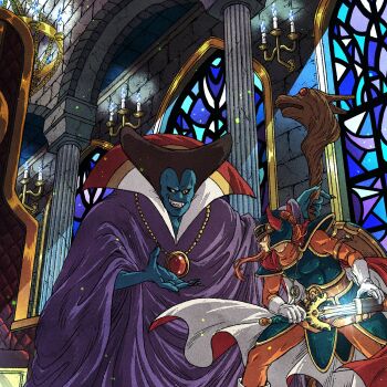 Rule 34 | 2boys, armor, blue armor, blue fire, blue skin, bodysuit, candle, cape, colored skin, commentary request, dragon lord, dragon quest, dragon quest i, fake horns, fangs, feet out of frame, fighting stance, fire, gloves, height difference, helmet, hero (dq1), highres, holding, holding staff, holding sword, holding weapon, horned helmet, horns, indoors, jewelry, looking at another, multiple boys, necklace, orange bodysuit, pillar, purple robe, red cape, robe, shoulder armor, staff, stained glass, sword, teeth, throne, toriga, turtleneck, turtleneck bodysuit, two-sided cape, two-sided fabric, weapon, white gloves, yellow eyes