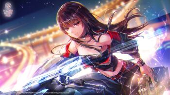 Rule 34 | 1girl, bare shoulders, belt, belt collar, black hair, black pants, blurry, blurry background, breasts, closed mouth, collar, collarbone, copyright name, copyright notice, cowboy shot, cropped jacket, dutch angle, eyelashes, floating hair, gun, hair between eyes, hand on weapon, handgun, heaven burns red, highres, highway, holding, holding gun, holding weapon, lamppost, light particles, long hair, looking at viewer, motor vehicle, motorcycle, navel, night, official alternate costume, official art, official wallpaper, on motorcycle, outdoors, pants, red belt, red eyes, riding, road, sidelocks, sky, small breasts, smile, solo, star (sky), starry sky, tsurime, weapon, yanagi mion, yanagi mion (nighttime chill)