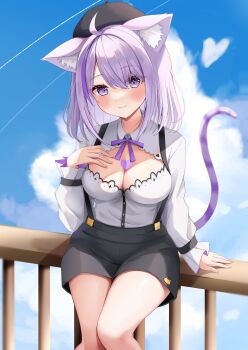 1girl ahoge animal_ear_fluff animal_ears beret black_hat black_shorts blue_sky breasts cat_ears cat_girl cat_tail cleavage cleavage_cutout closed_mouth clothing_cutout cloud commentary_request day frilled_sleeves frills hair_between_eyes hand_on_own_chest hat heart highres hololive large_breasts long_sleeves looking_at_viewer medium_breasts multicolored_hair neck_ribbon nekomata_okayu nekomata_okayu_(wonderland) outdoors purple_eyes purple_hair purple_ribbon purple_streaks purple_tail railing ribbon shinonome_shino_(artist) shirt shorts sitting sky smile solo streaked_hair suspender_shorts suspenders swept_bangs tail virtual_youtuber white_shirt