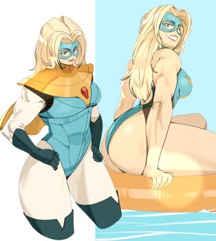blonde_blazer blonde_hair blue_eyes cape dispatch gloves highres leotard mask one-piece_swimsuit swimsuit