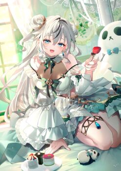 Rule 34 | 1girl, bare shoulders, blue eyes, bow, bowtie, brave group, breasts, cake, cleavage cutout, clothing cutout, commentary request, crop top, double bun, food, fruit, gold trim, hair bun, jewelry, large breasts, long hair, looking at viewer, midriff, multicolored hair, navel, off shoulder, open mouth, riichu, see-through cleavage, see-through clothes, seiza, shirasaki tsuyuri, shirt, sitting, skirt, smile, solo, strawberry, streaked hair, thighlet, very long hair, virtual youtuber, vspo!, vspo! cn, white hair, white shirt, white skirt