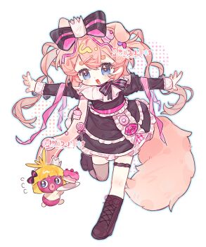 1girl :d animal_ears black_bow black_bowtie black_dress blue_eyes blue_outline blush boots bow bowtie brown_boots brown_thighhighs crown dog_ears dog_girl dog_tail double-parted_bangs dress frilled_dress frills full_body hair_bow he_dian_dounai_ba highres juliet_sleeves lace-up_boots long_sleeves looking_at_viewer mini_crown open_mouth original outline outstretched_arms puffy_sleeves simple_background single_thighhigh smile solo spread_arms standing standing_on_one_leg striped_bow striped_bowtie striped_clothes tail thighhighs white_background