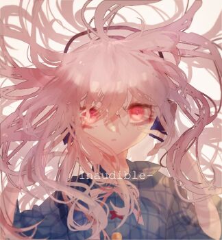 1girl blue_shirt collared_shirt commentary_request floating_hair gingham_shirt hata_no_kokoro headphones long_hair looking_at_viewer pink_eyes pink_hair shinjitsu_no_kuchi shirt solo touhou upper_body white_background