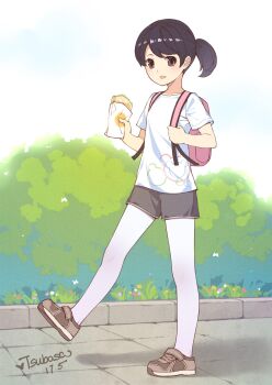 1girl :d absurdres artist_name backpack bag black_hair blush brown_eyes brown_shoes bush collarbone dated female_focus food full_body grey_shorts heart highres holding holding_food leg_up looking_at_viewer open_mouth original outdoors pantyhose pantyhose_under_shorts path ponytail road shirt shoes short_hair short_ponytail shorts simple_background smile solo standing standing_on_one_leg swept_bangs tareme tsubasa_tsubasa white_background white_pantyhose white_shirt wrapper