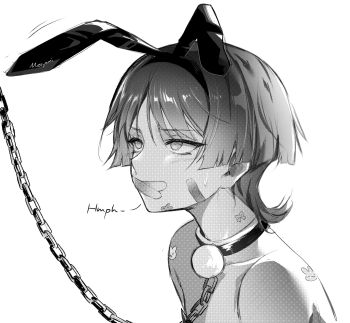Rule 34 | 1boy, animal ears, bandaid, bandaid on face, bare shoulders, blunt ends, chain, chain leash, cloth gag, collar, collarbone, commentary, english commentary, eyelashes, fake animal ears, gag, gagged, genshin impact, greyscale, highres, improvised gag, leash, light blush, looking to the side, male focus, meoyami, monochrome, rabbit ears, rabbit sticker, scaramouche (genshin impact), solo, sound effects, tsurime, wispy bangs