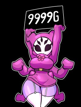 1girl absurdres arthropod_girl belt black_background breasts bug colored_skin cosplay cowboy_shot dress extra_arms extra_eyes garter_straps highres hood hood_up hooded_dress insect_girl jek_korpen large_breasts long_sleeves mario_(series) mask monster_girl muffet nintendo purple_skin short_dress shy_gal shy_gal_(cosplay) shy_guy sign simple_background solo spider spider_girl thick_thighs thighhighs thighs undertale utdr_(toby_fox) white_thighhighs zettai_ryouiki