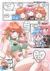 :3 :d absurdres alternate_costume blush breasts couple earrings family father_and_son feather_earrings feathers gradient_hair highres hololive hololive_english hololive_indonesia jewelry kobo_kanaeru large_breasts long_hair mori_calliope mori_calliope_(1st_costume) mother_and_daughter multicolored_hair multiple_girls open_mouth orange_hair pink_hair purple_eyes red_eyes smile takanashi_kiara takanashi_kiara_(1st_costume) virtual_youtuber wife_and_wife xd xu_chin-wen yuri