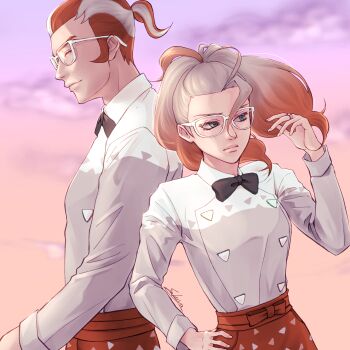 1boy 1girl apron black_bow black_bowtie bow bowtie closed_eyes closed_mouth cloud collared_shirt commentary_request glasses griselle_(pokemon) grisham_(pokemon) hand_on_own_hip hand_up highres jewelry long_sleeves looking_to_the_side multicolored_hair nintendo outdoors pokemon pokemon_legends:_z-a ponytail print_apron ring sakuya815 shirt short_ponytail signature sky triangle_print waist_apron white-framed_eyewear white_shirt