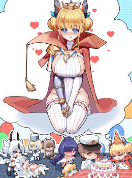 +_+ 1boy 6+girls absurdres alternate_breast_size azur_lane birthday_cake birthday_party black_hair blonde_hair blue_eyes breasts brown_hair cake cape chibi chinese_commentary clock_necklace closed_eyes closed_mouth commander_(azur_lane) commentary_request dhy-232 double_bun elbow_gloves epaulettes food frilled_thighhighs frills gauntlets gloves hair_bun heart heart-shaped_pupils highres imagining l'audacieux_(azur_lane) l'indomptable_(azur_lane) large_breasts le_malin_(azur_lane) le_terrible_(azur_lane) le_triomphant_(azur_lane) leotard licking_lips mogador_(azur_lane) multicolored_hair multiple_girls praying purple_eyes purple_hair red_cape red_eyes single_elbow_glove single_epaulette single_gauntlet single_glove smile streaked_hair striped_clothes striped_thighhighs symbol-shaped_pupils thighhighs tongue tongue_out vertical-striped_clothes vertical-striped_thighhighs white_gloves white_hair white_leotard white_thighhighs