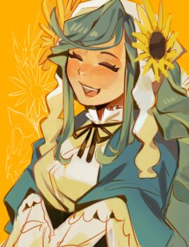 1girl alternate_costume angel_wings blue_capelet blue_hair bonnet borcheim capelet closed_eyes commentary dizzy_(guilty_gear) flower guilty_gear guilty_gear_strive hair_flower hair_ornament long_hair official_alternate_costume open_mouth orange_background queen_dizzy simple_background smile solo sunflower sunflower_hair_ornament swept_bangs untranslatable_commentary upper_body white_bonnet wings wrist_cuffs