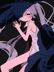 Rule 34 | 1girl, absurdres, alternate eye color, alternate hair color, ass, black background, black eyes, blush, bottomless, commentary request, detached sleeves, feet out of frame, from above, from side, grey hair, half-closed eyes, hatsune miku, highres, long hair, looking at viewer, looking to the side, lying, necktie, number tattoo, on side, parted lips, pov shadow, purple necktie, shadow, shiro kuro (shirokuro 3939), shirt, shoulder tattoo, simple background, single detached sleeve, sleeveless, sleeveless shirt, solo, tattoo, twintails, undone necktie, very long hair, vocaloid, white shirt