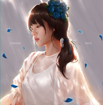 Rule 34 | 1girl, blue flower, bnk48, brown eyes, character name, cherprang areekul, copyright name, female focus, flower, grey background, hair flower, hair ornament, hair tie, highres, long hair, petals, real life, realistic, solo, tollrin-senpai, upper body