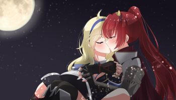 2girls absurdres alushe_anatolia armor blonde_hair blue_hairband book cape ciel_cl2525 closed_eyes commentary commission fingerless_gloves gloves hairband highres hug hug_from_behind long_hair louenhide_ariarhod moon multiple_girls night outdoors pixiv_commission ponytail red_cape red_hair sky star_(sky) starry_sky yoru_no_nai_kuni yoru_no_nai_kuni_2 yuri