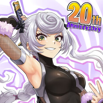 anniversary black_leotard bow braid breasts grey_hair grin hair_bow hatori_seishu leotard lilith-soft looking_at_viewer medium_breasts official_art rabidhowl shiny_skin single_braid skirt smile taimanin_(series) taimanin_rpgx taimanin_suit twintails upper_body v yellow_eyes