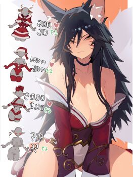 1girl :3 ahri_(league_of_legends) animal_ear_fluff animal_ears bare_shoulders between_legs black_choker black_hair breasts choker cleavage closed_mouth collarbone commentary detached_sleeves distr dress english_commentary facial_mark fox_ears fox_girl fox_tail hair_between_eyes hand_between_legs hanging_breasts highres korean_clothes large_breasts league_of_legends like_and_retweet long_hair low_neckline orange_eyes red_dress sidelocks sitting tail twitter_strip_game very_long_hair wariza whisker_markings