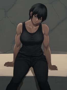Rule 34 | 1girl, absurdres, android, black eyes, black hair, black pants, breasts, commission, empty eyes, highres, mechabare, medium breasts, muscular, muscular female, pants, pixiv commission, rob 110101101, short hair, sitting, t-800, tank top, terminator (series), terminator 3: rise of the machines, the terminator, unconscious