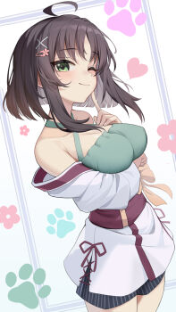 1girl absurdres ahoge arm_under_breasts bare_shoulders black_shorts blunt_ends blush breasts brown_hair choppy_bangs cleavage closed_mouth collarbone commentary covered_erect_nipples cowboy_shot criss-cross_halter finger_to_cheek floral_background green_eyes green_shirt hair_ornament hairclip halterneck highres hitachi_mako index_finger_raised inset_border irain japanese_clothes kimono large_breasts long_sleeves looking_at_viewer medium_hair off_shoulder one_eye_closed paw_print paw_print_background senren_banka shirt shorts sidelocks smile solo striped_clothes striped_shorts vertical-striped_clothes vertical-striped_shorts white_background white_kimono x_hair_ornament