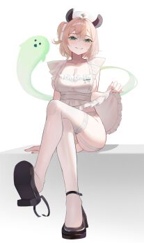 1girl absurdres black_shoes blonde_hair blush breasts cleavage green_eyes hat highres indie_virtual_youtuber large_breasts looking_at_viewer naplings_(nimi_nightmare) nimi_nightmare nurse_cap shoes sideboob sitting slennic smile thighhighs virtual_youtuber white_background white_hat white_thighhighs