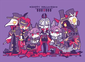 3boys 4girls bat_(animal) bat_costume bird_mask blood bone candle candle_wax candlelight_(sword_of_convallaria) coat enforcer_(sword_of_convallaria) grey_eyes grey_hair happy_halloween hat holding holding_candle holding_syringe karasuuri_(catamari_va) kneeling looking_at_viewer mask multiple_boys multiple_girls nergal_(sword_of_convallaria) night_raven_(sword_of_convallaria) nungal_(sword_of_convallaria) plague_doctor_mask purple_background purple_hair red_eyes ribs safiyyah_(sword_of_convallaria) simple_background smile stinger_(sword_of_convallaria) sword_of_convallaria syringe tail top_hat wolf_cut wolf_tail