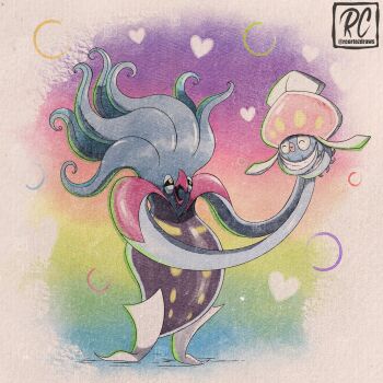 beak closed_eyes closed_mouth colored_sclera evolutionary_line gen_6_pokemon heart highres inkay malamar nintendo no_humans open_mouth pokemon pokemon_(creature) pokemon_focus rcortezdraws smile squid tentacles yellow_eyes